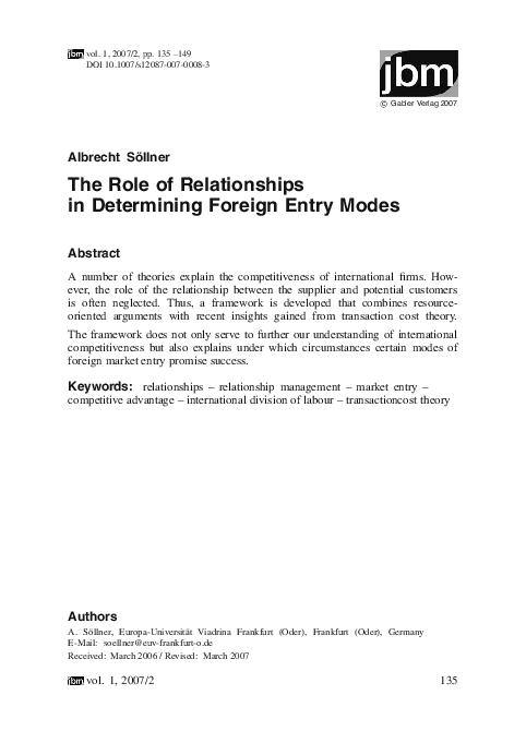 (PDF) The Role of Relationships in Determining Foreign Entry Modes