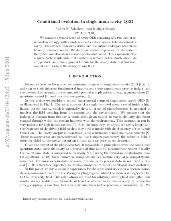 (PDF) Conditional evolution in single-atom cavity QED
