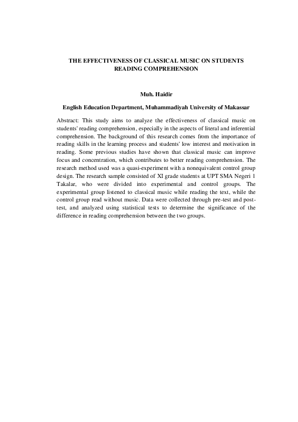 (PDF) THE EFFECTIVENESS OF CLASSICAL MUSIC ON STUDENTS READING ...
