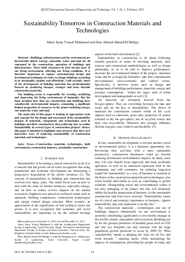 (PDF) Sustainability Tomorrow in Construction Materials and Technologies