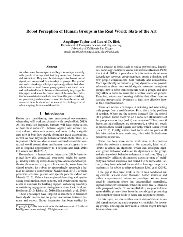 (PDF) Robot Perception of Human Groups in the Real World: State of the Art