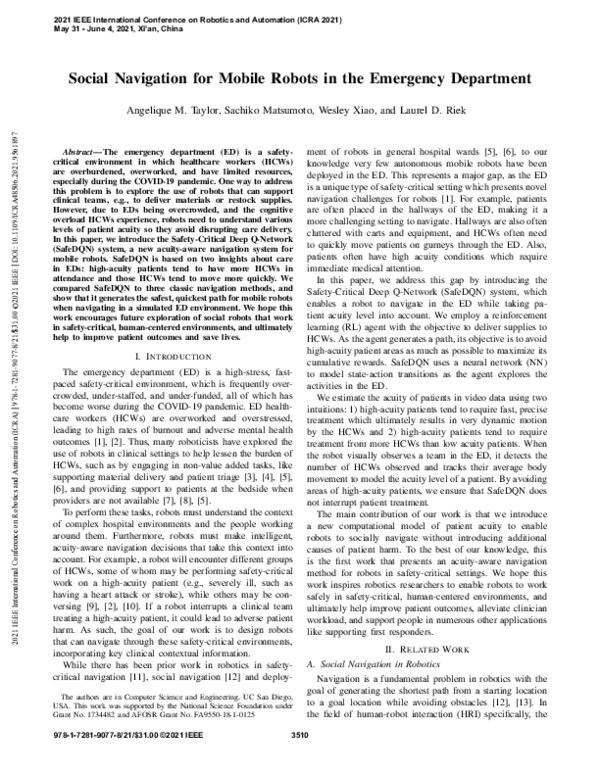 (PDF) Social Navigation for Mobile Robots in the Emergency Department