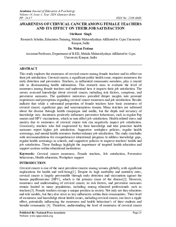 (PDF) AWARENESS OF CERVICAL CANCER AMONG FEMALE TEACHERS AND ITS EFFECT ...