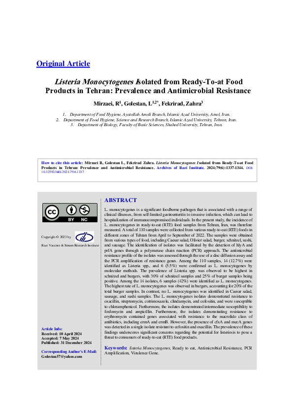 (PDF) Listeria Monocytogenes Isolated from Ready-To-at Food Products in ...