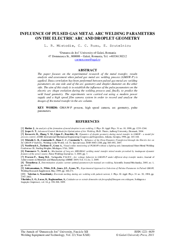 (PDF) Influence of Pulsed Gas Metal Arc Welding Parameters on the ...