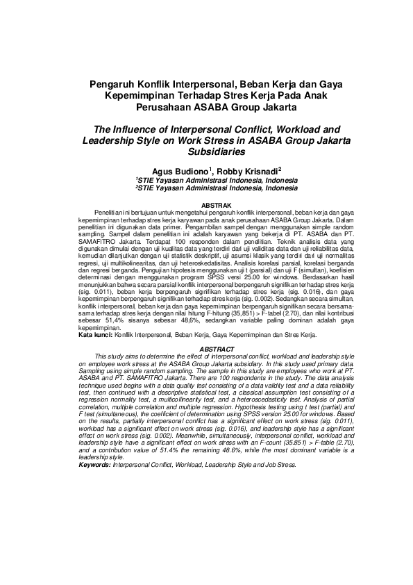 (PDF) The Influence of Interpersonal Conflict, Workload and Leadership ...