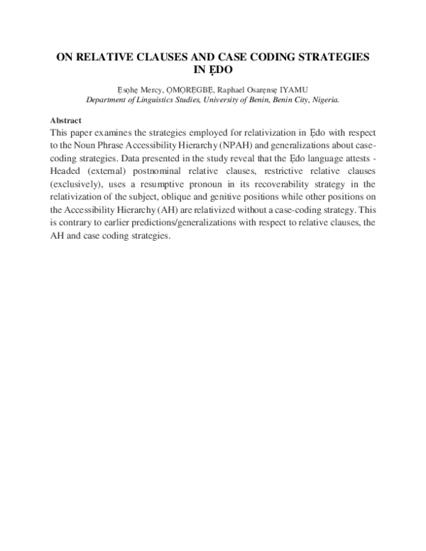 (PDF) ON RELATIVE CLAUSES AND CASE CODING STRATEGIES IN ẸDO