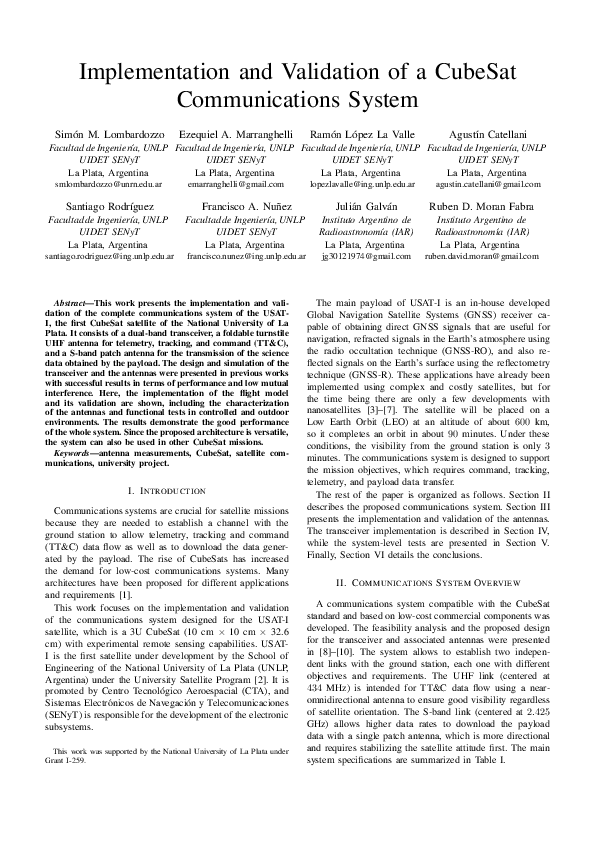 (PDF) Implementation and Validation of a CubeSat Communications System