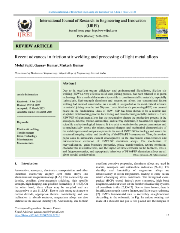 (PDF) Recent advances in friction stir welding and processing of light ...