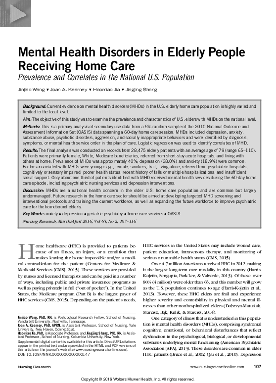 (PDF) Mental Health Disorders in Elderly People Receiving Home Care