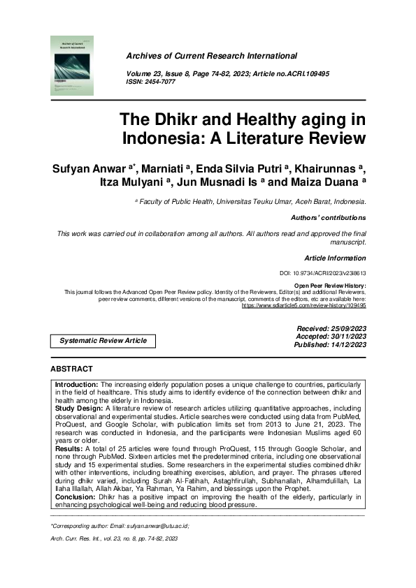 (PDF) The Dhikr and Healthy aging in Indonesia: A Literature Review