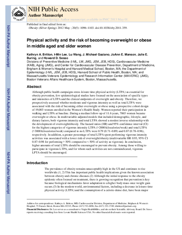 (PDF) Physical Activity and the Risk of Becoming Overweight or Obese in ...