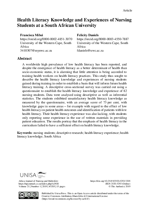 (PDF) Health Literacy Knowledge and Experiences of Nursing Students at ...