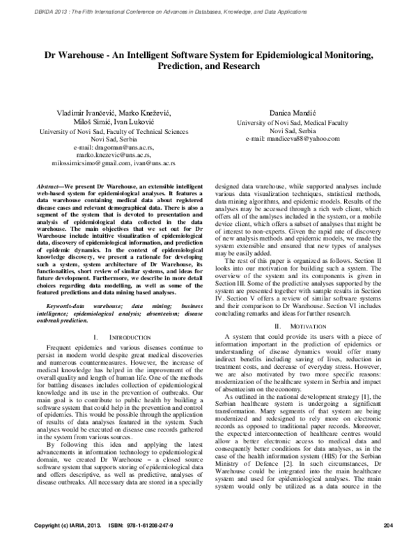 (PDF) Dr Warehouse-An Intelligent Software System for Epidemiological ...