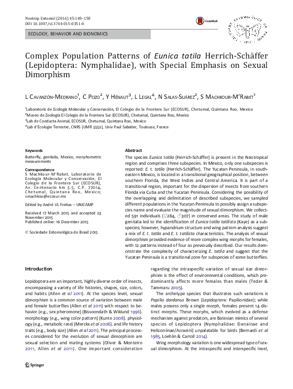 (PDF) Complex Population Patterns of Eunica tatila Herrich-Schäffer ...
