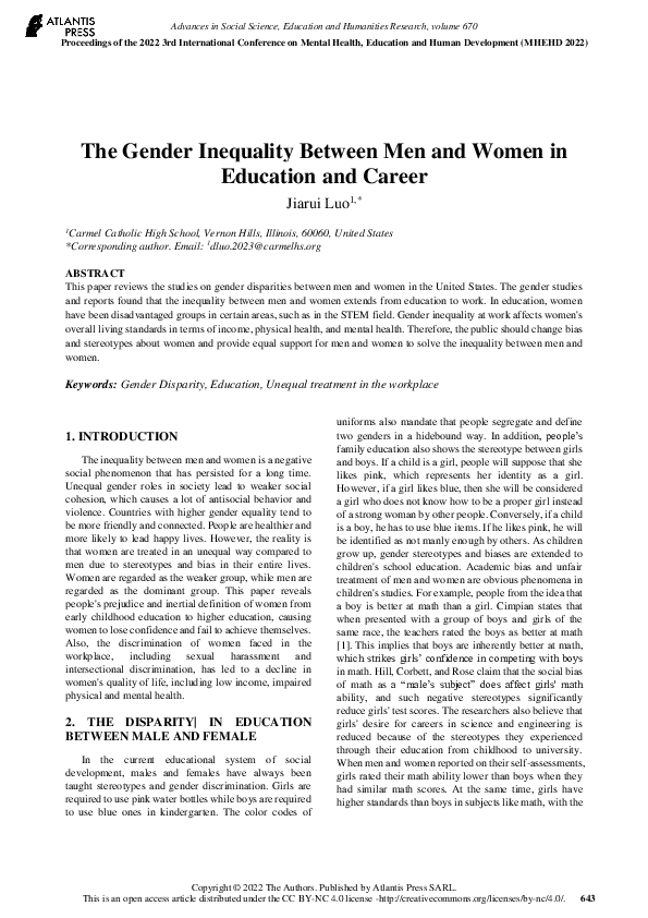 (PDF) The Gender Inequality Between Men and Women in Education and Career