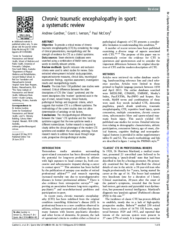 (PDF) Chronic traumatic encephalopathy in sport: a systematic review