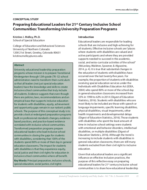 (PDF) Preparing Educational Leaders for 21st Century Inclusive School ...