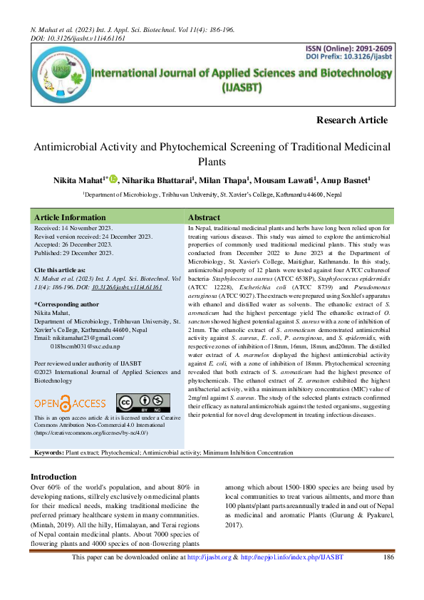 (PDF) Antimicrobial Activity and Phytochemical Screening of Traditional ...