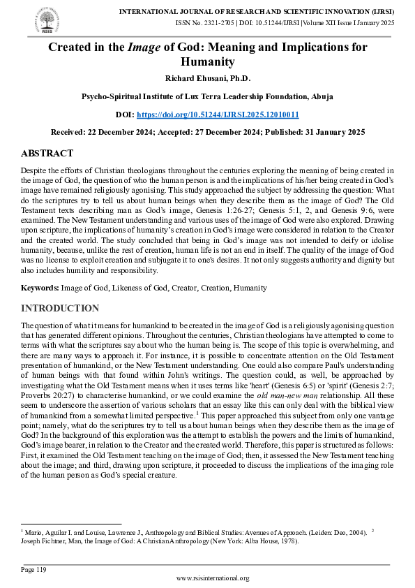 (PDF) Created in the Image of God: Meaning and Implications for Humanity