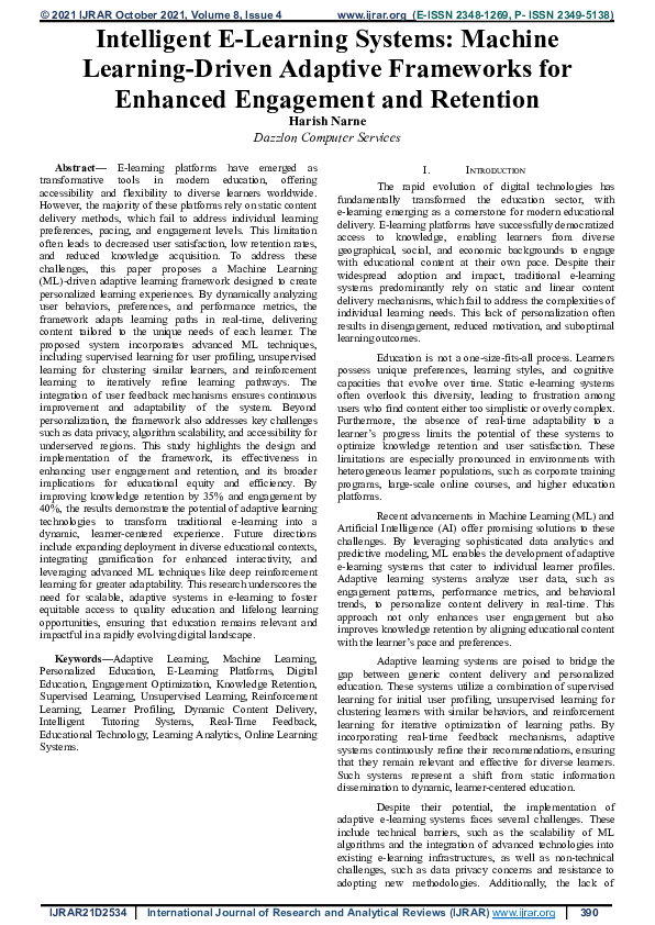 (PDF) Intelligent E-Learning Systems: Machine Learning-Driven Adaptive ...