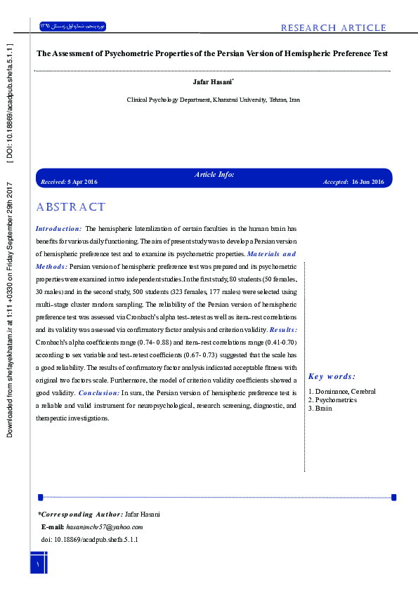 (PDF) The Assessment of Psychometric Properties of the Persian Version ...