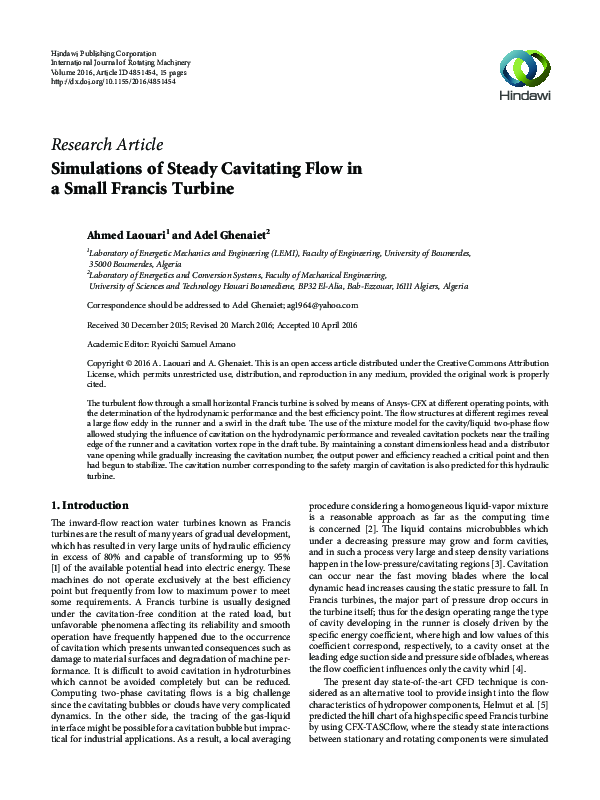(PDF) Simulations of Steady Cavitating Flow in a Small Francis Turbine