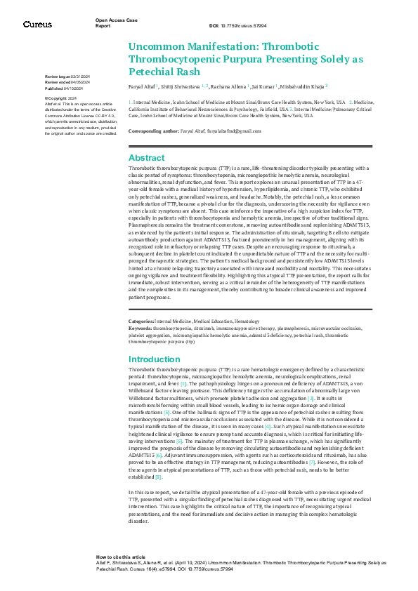 (PDF) Uncommon Manifestation: Thrombotic Thrombocytopenic Purpura ...