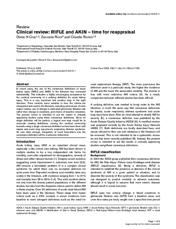 (PDF) Clinical review: RIFLE and AKIN – time for reappraisal