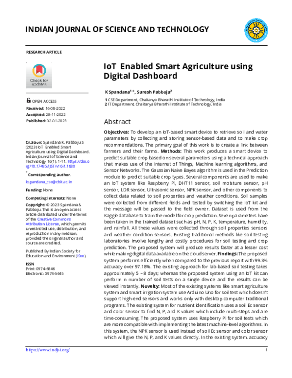 Pdf Iot Enabled Smart Agriculture Using Digital Dashboard