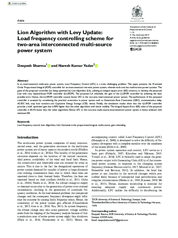(PDF) Lion Algorithm with Levy Update: Load frequency controlling ...