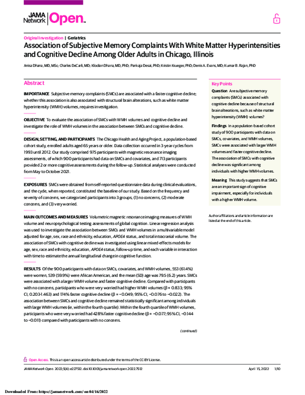 (PDF) Association of Subjective Memory Complaints With White Matter ...