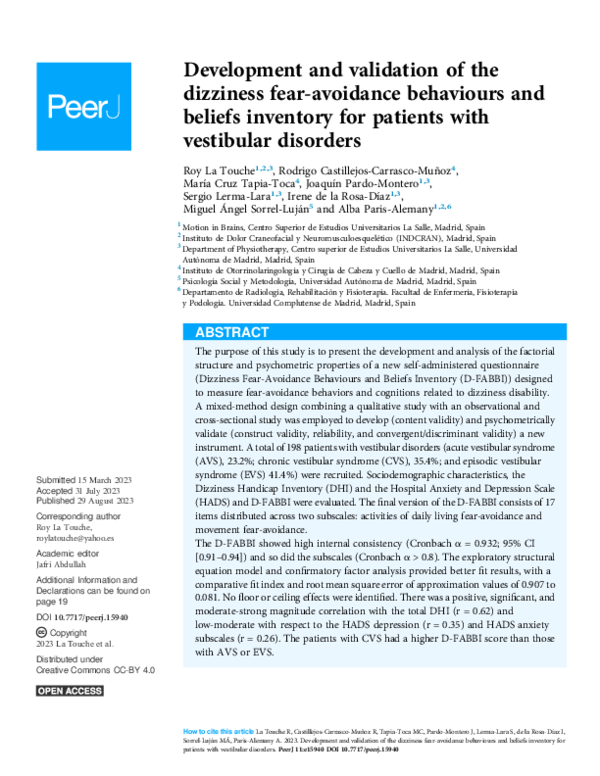 (PDF) Development and validation of the dizziness fear-avoidance ...