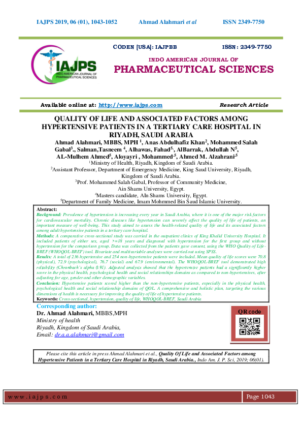 (PDF) Quality of Life and Associated Factors Among Hypertensive ...