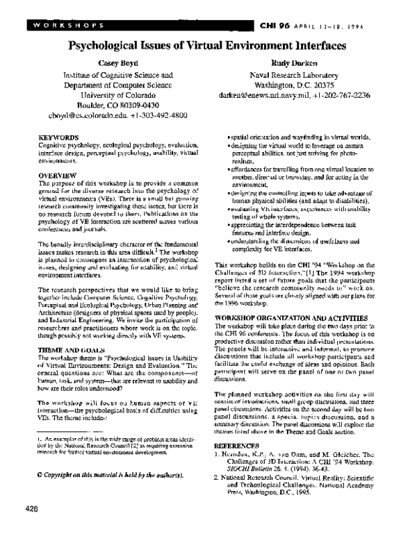 (PDF) Psychological issues of virtual environment interfaces