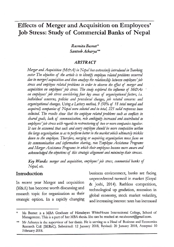 (PDF) Effects of Merger and Acquisition on Employees Job Stress Study ...
