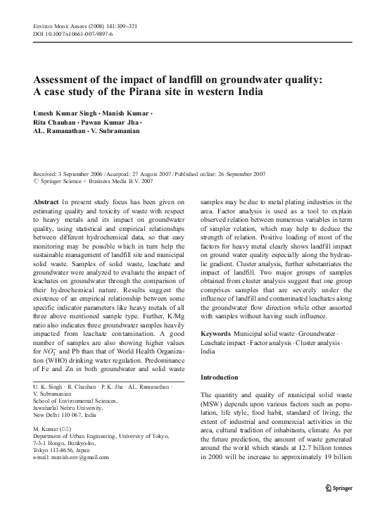 (PDF) Assessment of the impact of landfill on groundwater quality: A ...