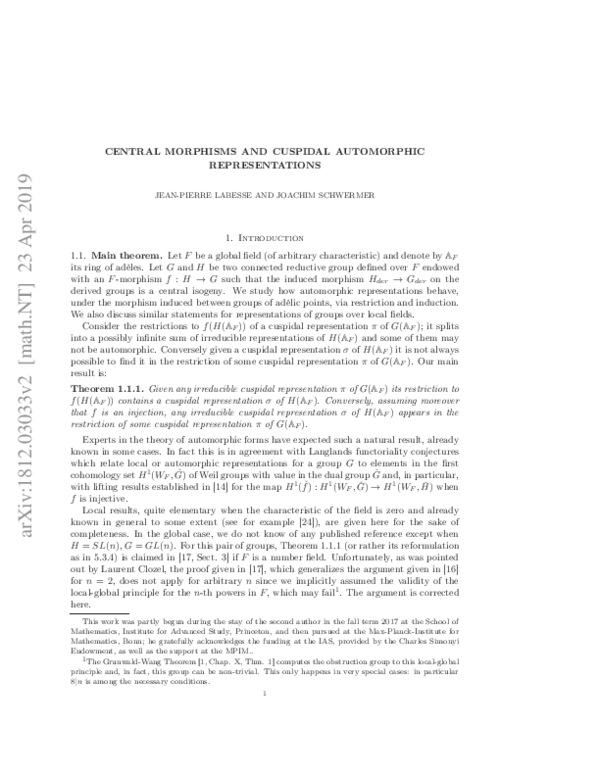 (PDF) Central morphisms and Cuspidal automorphic Representations