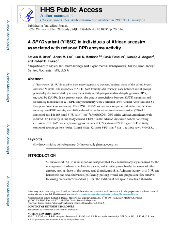 (PDF) A DPYD Variant (Y186C) in Individuals of African Ancestry Is ...