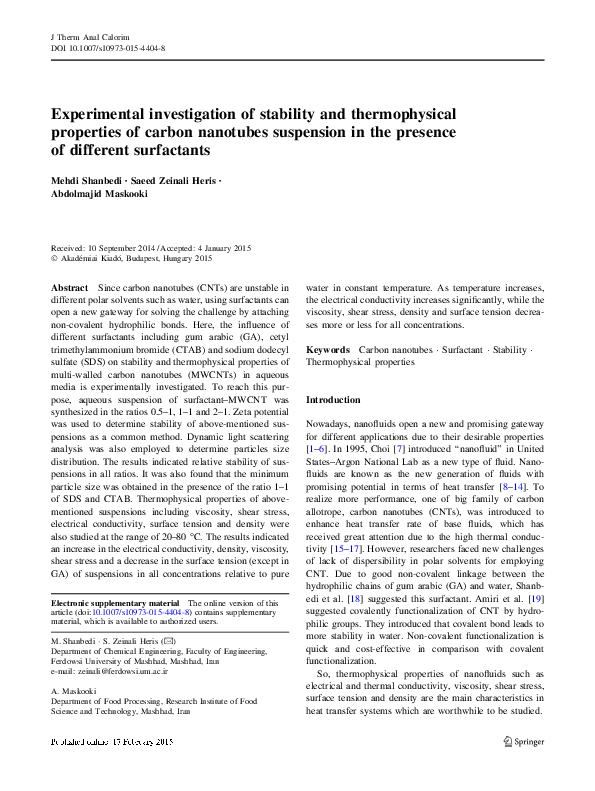 (PDF) Experimental investigation of stability and thermophysical ...