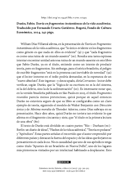 (PDF) Reseña Teoría en fragmentos - Fabio Durão