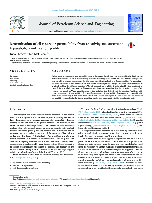 (PDF) Determination of oil reservoir permeability from resistivity ...