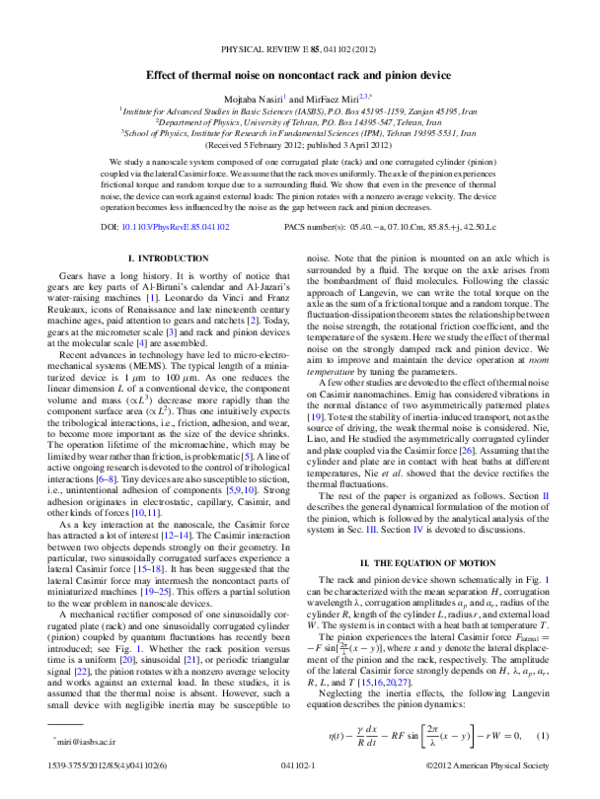 (PDF) Effect of thermal noise on noncontact rack and pinion device