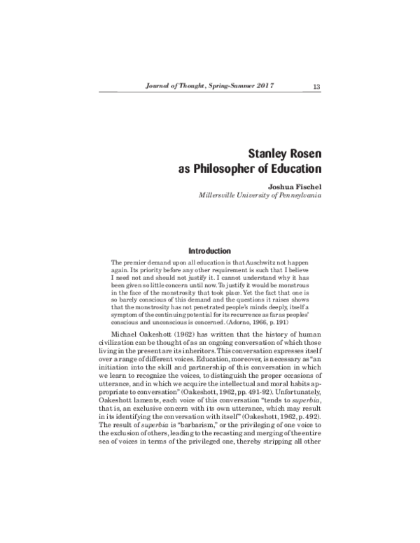 (PDF) Stanley Rosen as Philosopher of Education