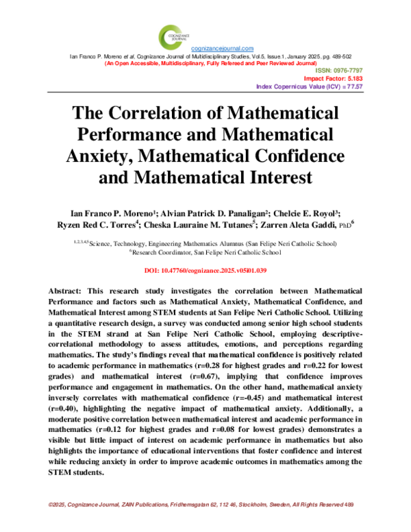 (PDF) The Correlation of Mathematical Performance and Mathematical ...
