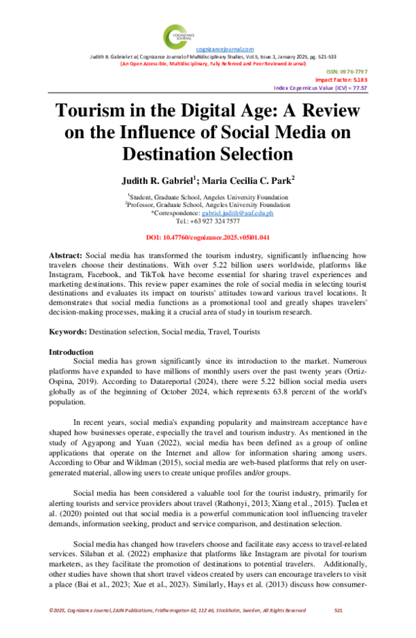(PDF) Tourism in the Digital Age: A Review on the Influence of Social ...