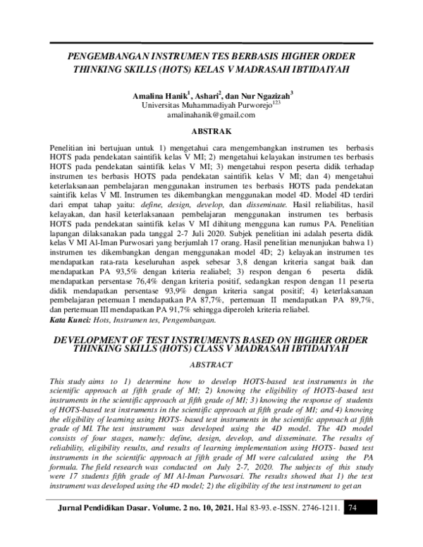(PDF) Pengembangan Instrumen Tes Berbasis Higher Order Thinking Skills ...