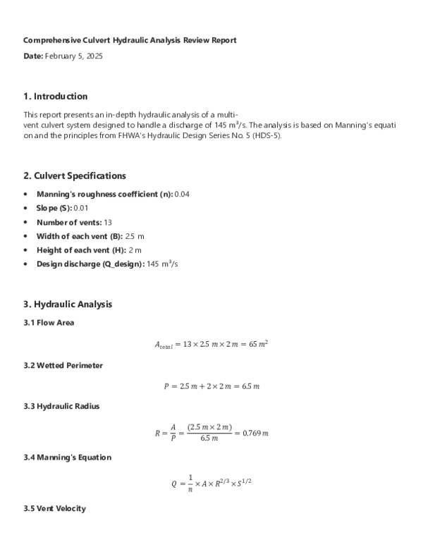 (PDF) Comprehensive Culvert Hydraulic Analysis Review Report