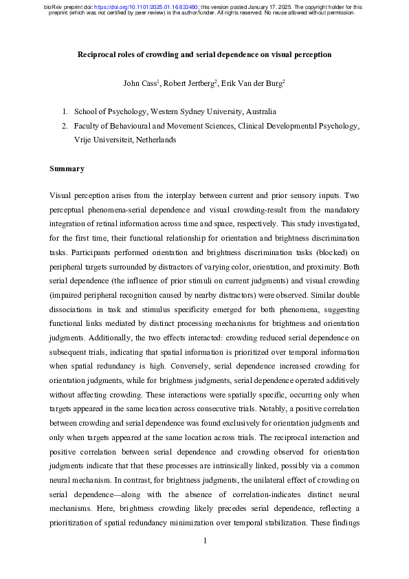 (PDF) Reciprocal roles of crowding and serial dependence on visual ...