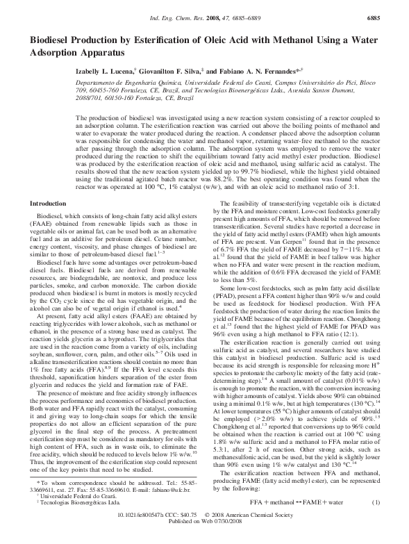 (PDF) Biodiesel Production by Esterification of Oleic Acid and ...